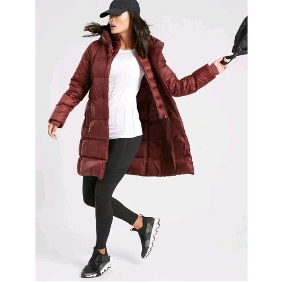 Athleta Lofty Goose Down Hooded Maple Burgundy Red Puffer Coat Zip Snap XS - Picture 16 of 16
